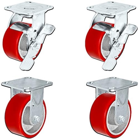 5x2 Heavy Duty Caster Set W/ Red Polyurethane On Steel Whe, PK4